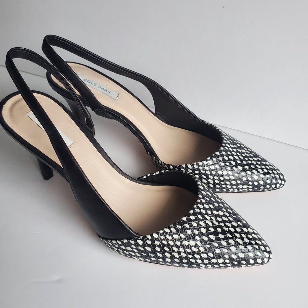 COLE HAAN Black & White Snakeskin Print Leather Sling Back Shoes Heeled Sandals
